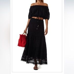 Melissa Odabash Alessia Embroidered Black Cotton Eyelet Maxi Skirt Sz Small